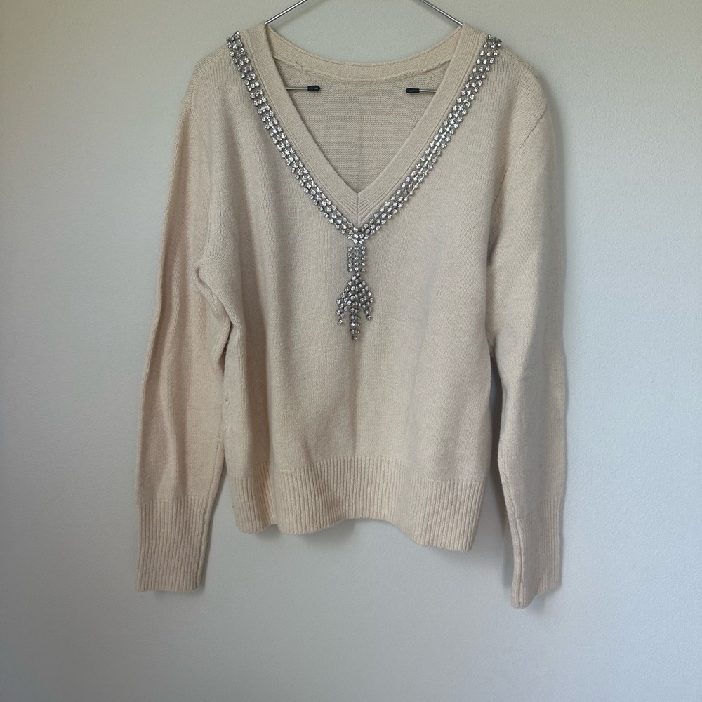 Sandro Paris Cream V-Neck Sweater with Rhinestone Neckline 2 - Picture 4 of 6